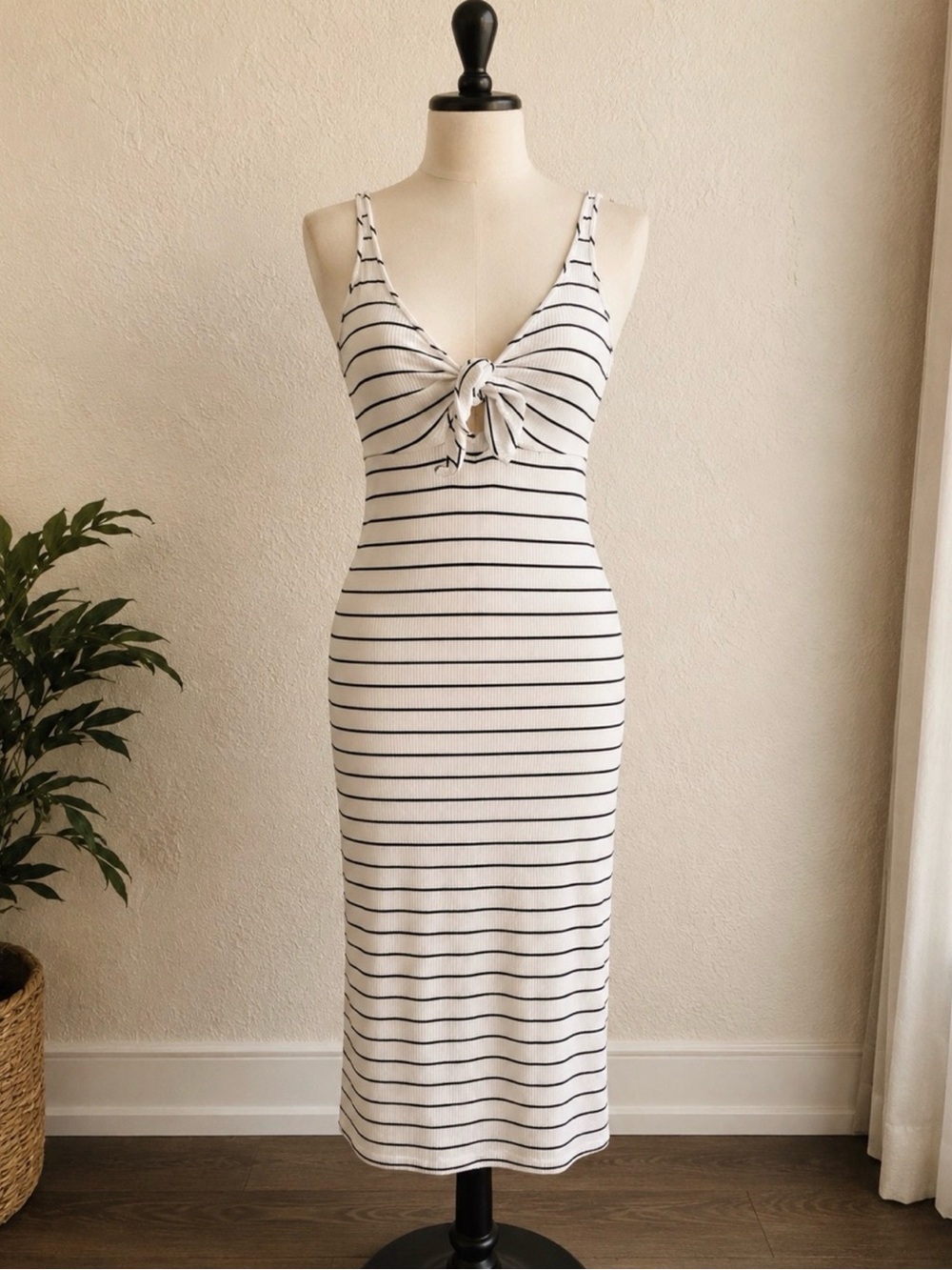 Express Tie-Front Tank Maxi Dress - Cream with Black Stripes